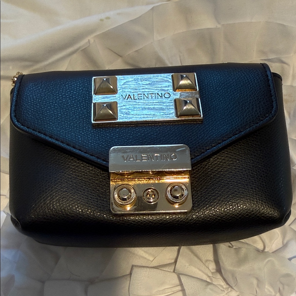 Valentino Black Leather Wristlet With Gold Accents